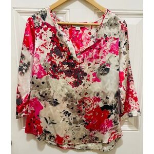 Pendleton Petite Floral‎ Print Silk Blouse 3/4 Sleeve V-Neck Top Size M
